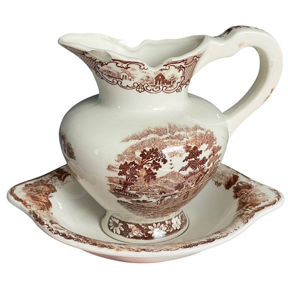 Brown Transferware Ironstone Pitcher & Plate Pastoral Vintage Small FLAWED